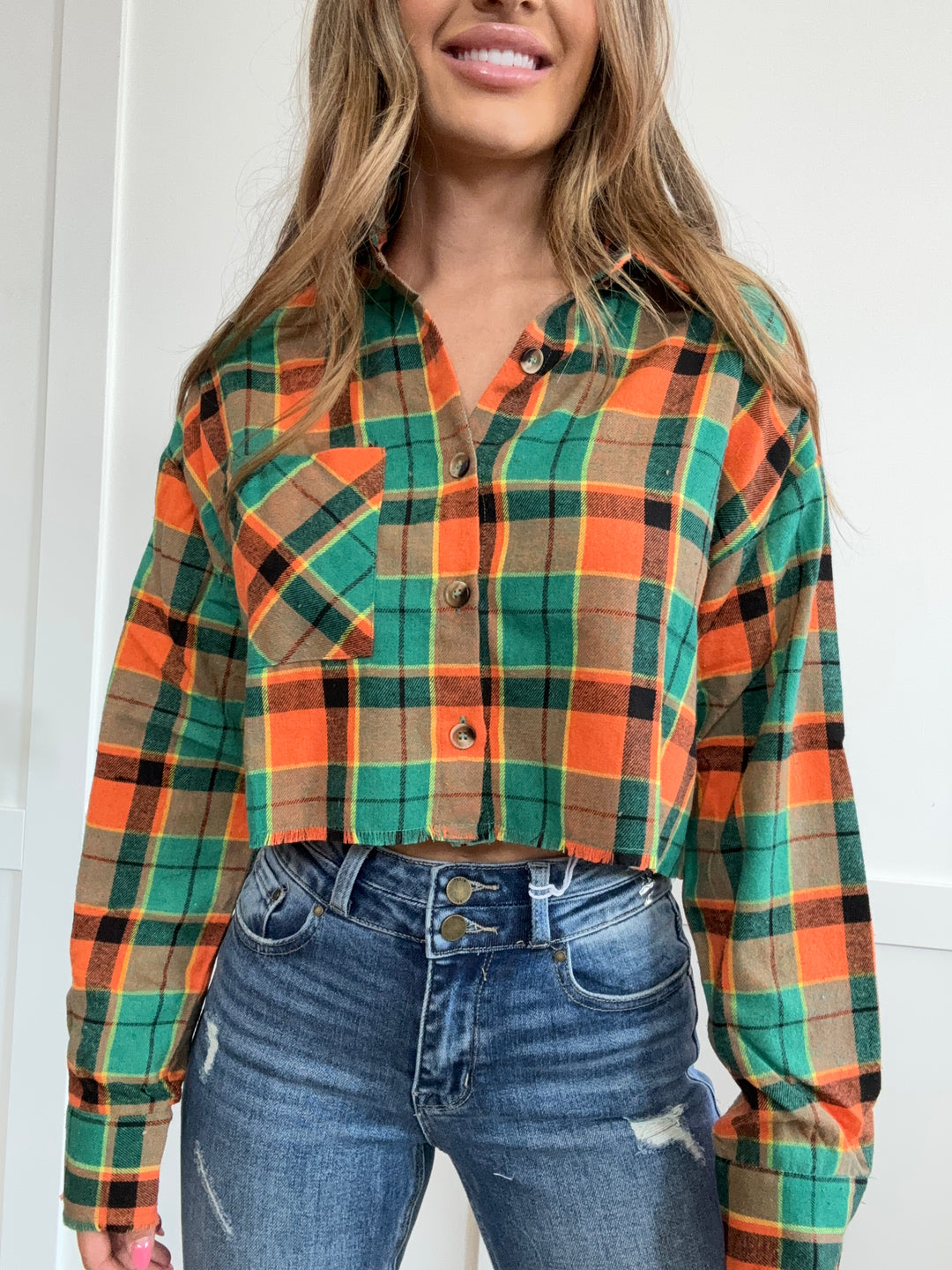 Pumpkin Patch Plaid Collared Crop Flannel