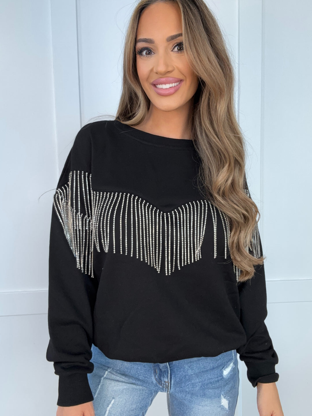 Shop Blue B Rhinestone Fringe Sweatshirt online at Willow Boutique – best boutique for women’s fashion.