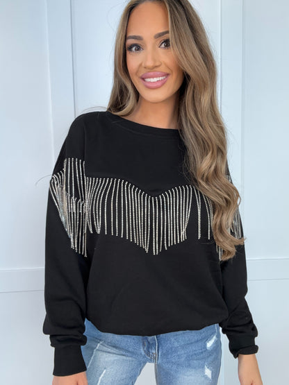 Shop Blue B Rhinestone Fringe Sweatshirt online at Willow Boutique – best boutique for women’s fashion.