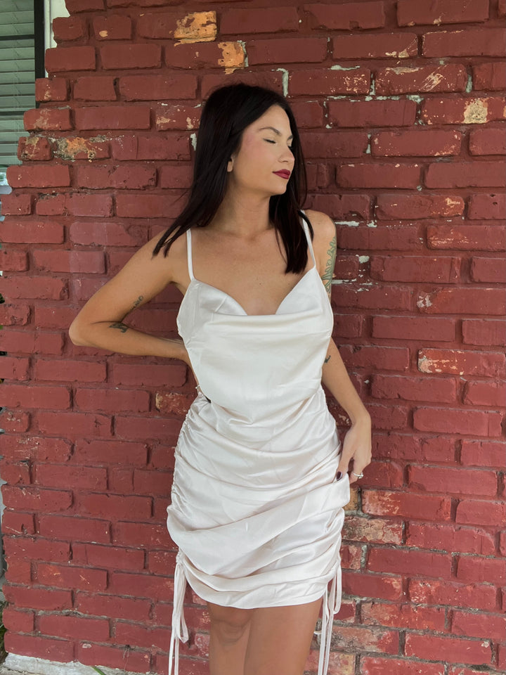 Alexis Satin Side Drawstring Dress - Light Blush