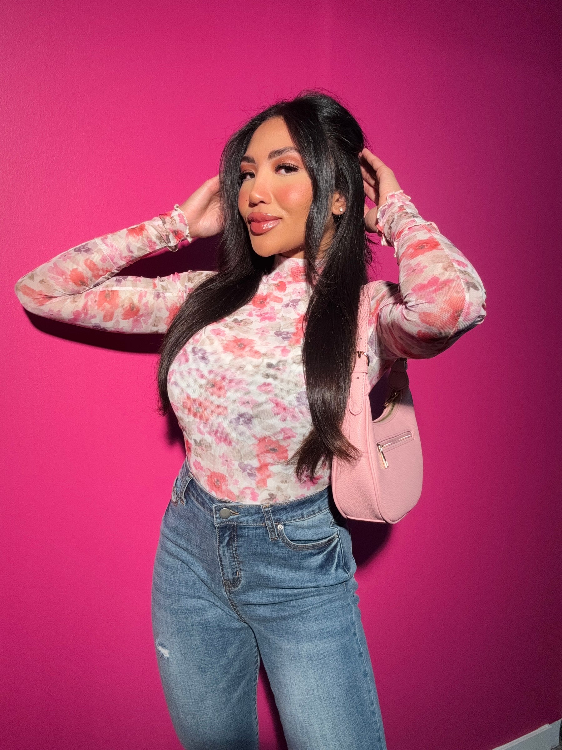 Mesh Sleeve Collared Floral Top (L)