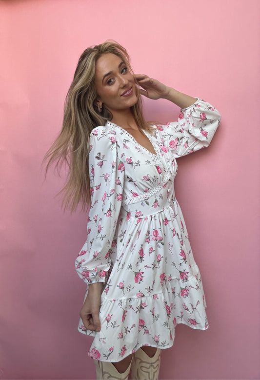 PREORDER: Sarina Lace Detail V-Neck Balloon Sleeve Dress