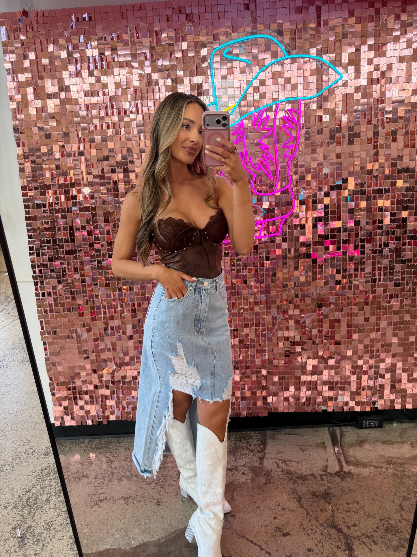 Harper Heavily Distressed Denim Maxi Skirt