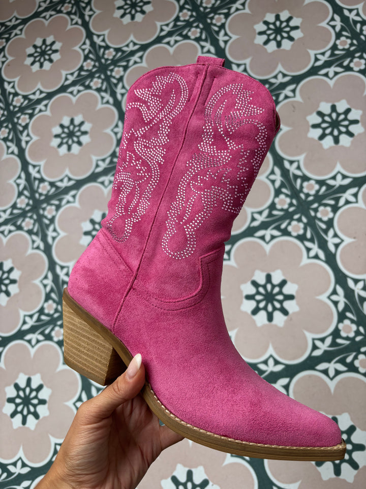 Tilly Rhinestone Point Toe Boots- Pink