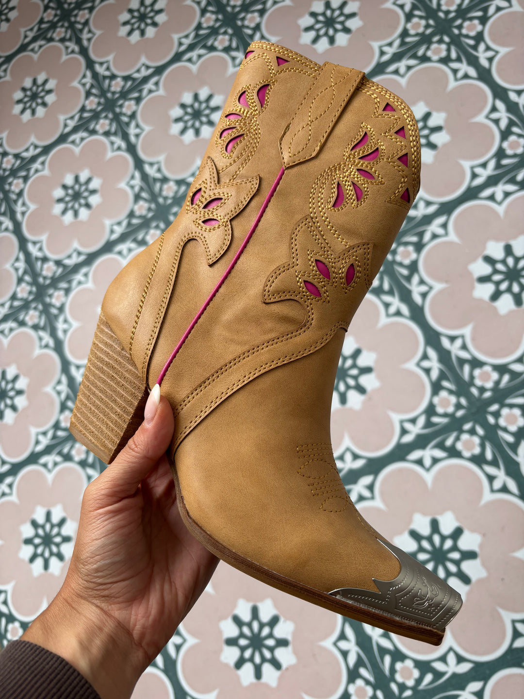 Bonnie Floral Cutout Cowgirl Boots - Camel