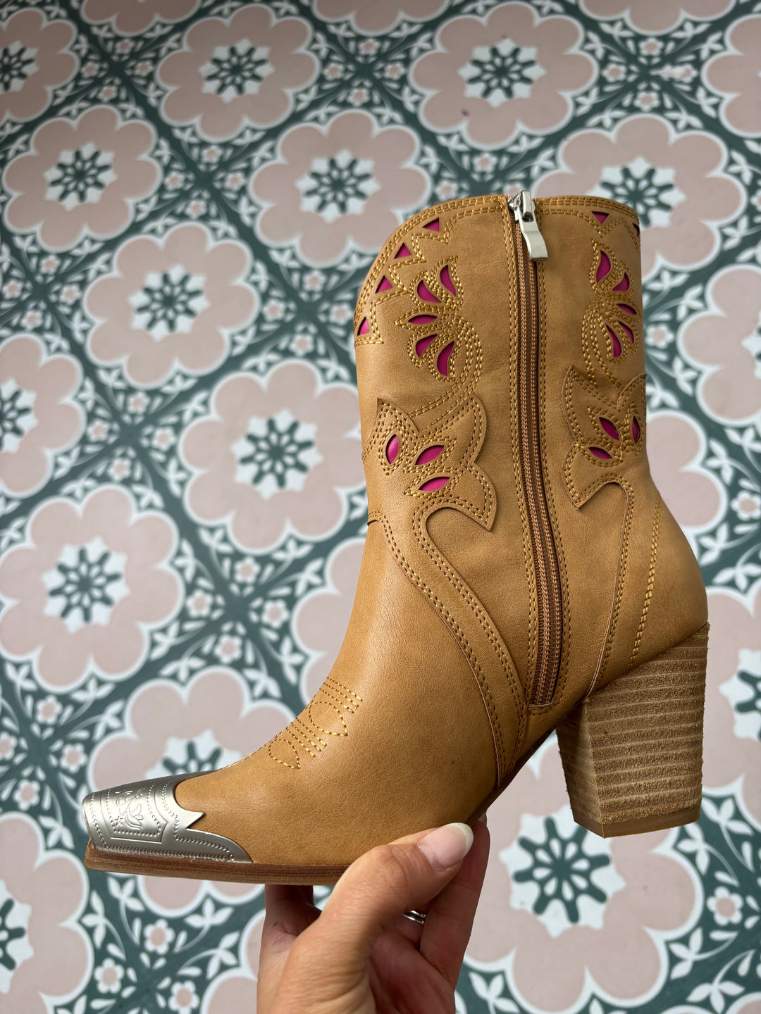 Bonnie Floral Cutout Cowgirl Boots - Camel