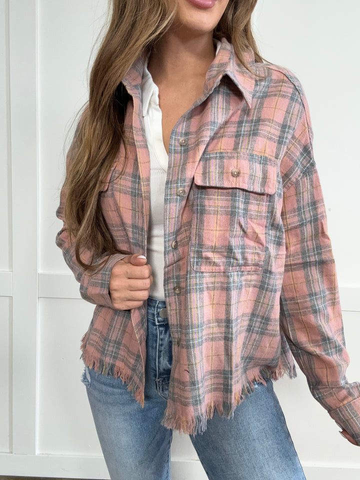 Autumn Afternoon Plaid Button Up Raw Hem Shirt