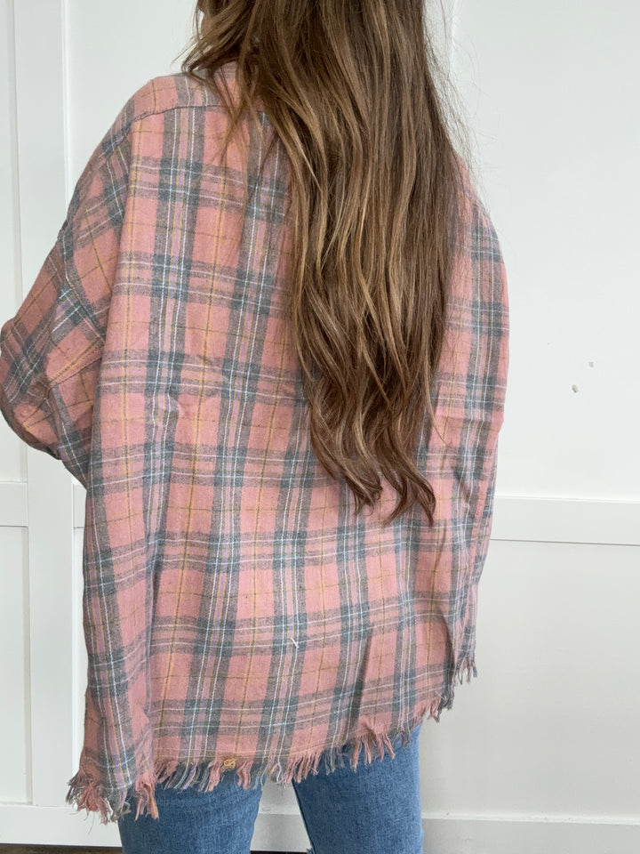 Autumn Afternoon Plaid Button Up Raw Hem Shirt