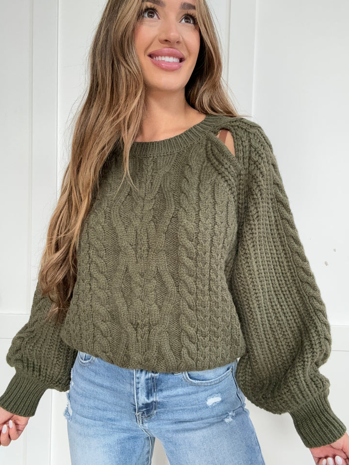 Autumn Whispers Cable Knit Long Sleeve Sweater- Dried Olive