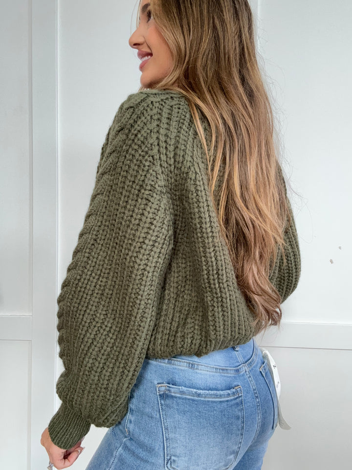 Autumn Whispers Cable Knit Long Sleeve Sweater- Dried Olive