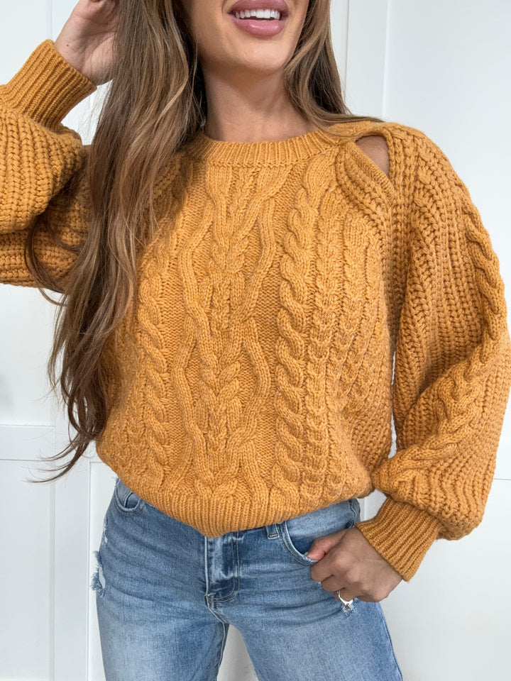 Autumn Whispers Cable Knit Long Sleeve Sweater- Yellow