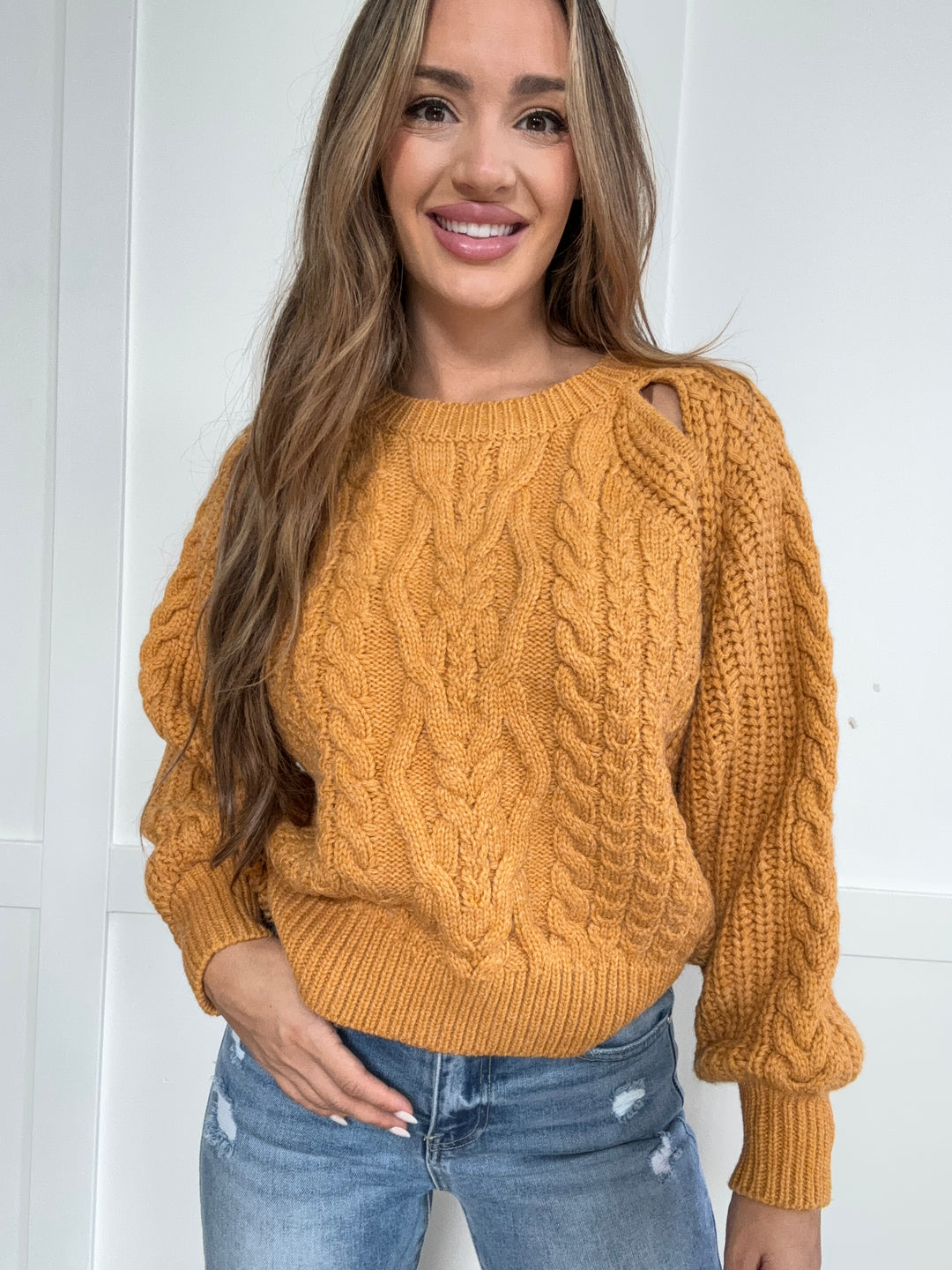 Autumn Whispers Cable Knit Long Sleeve Sweater- Yellow