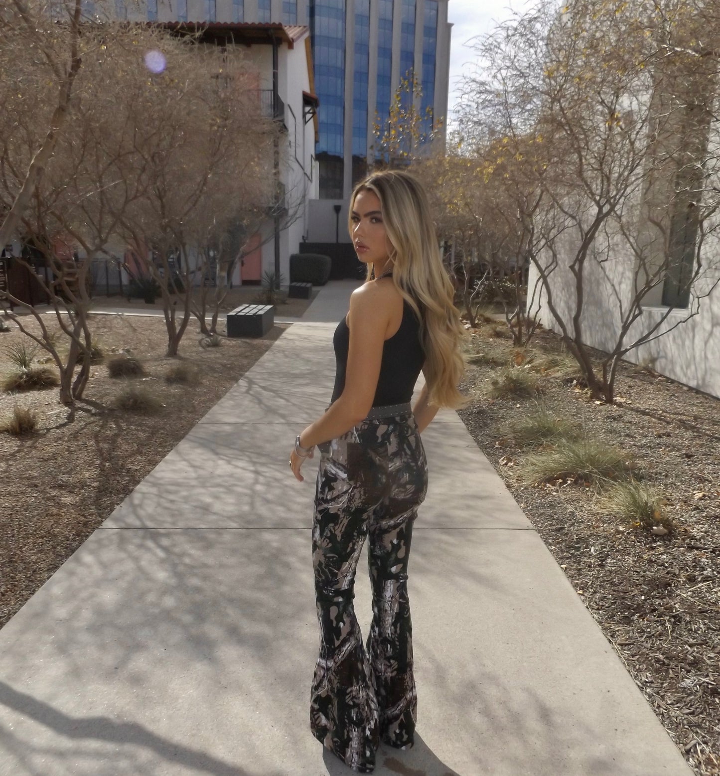 PREORDER: Fiona High Waisted Bell Bottom Flare Jeans - Woodland Green Camo