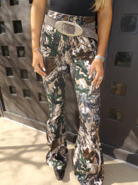 PREORDER: Fiona High Waisted Bell Bottom Flare Jeans - Woodland Green Camo