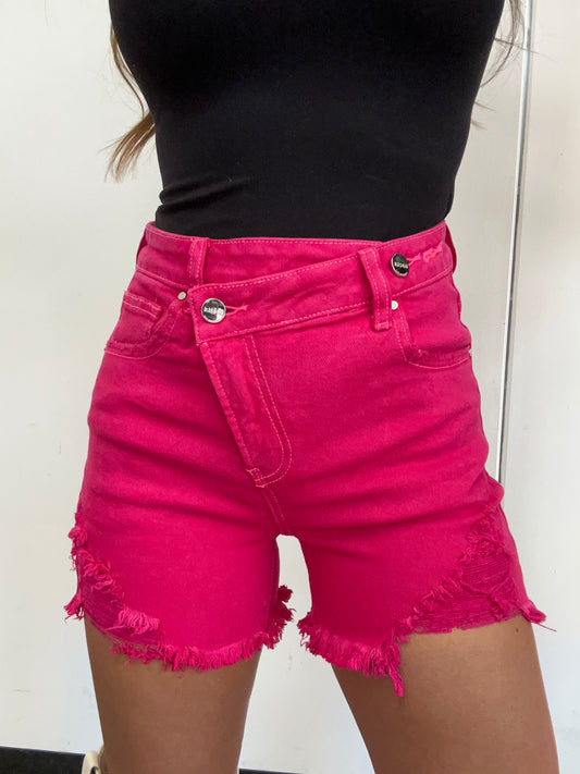 Lindsey Asymmetrical Distressed Shorts- Fuchsia