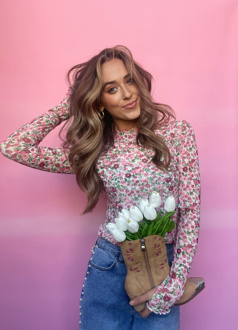 FLORAL LONG SLEEVE MESH TOP