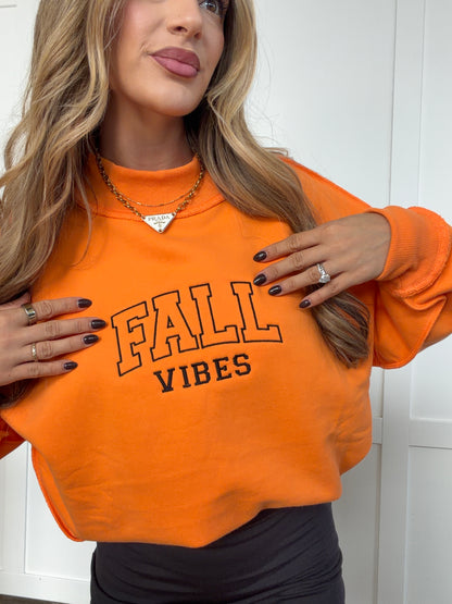 Fall Vibes Embroidered Tilly Orange Reversible Oversized Mockneck Crew