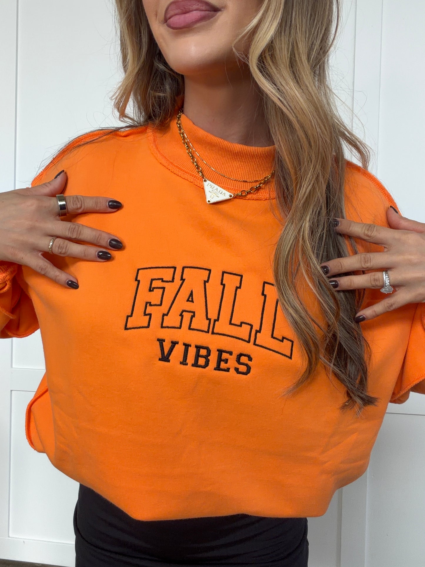 Fall Vibes Embroidered Tilly Orange Reversible Oversized Mockneck Crew