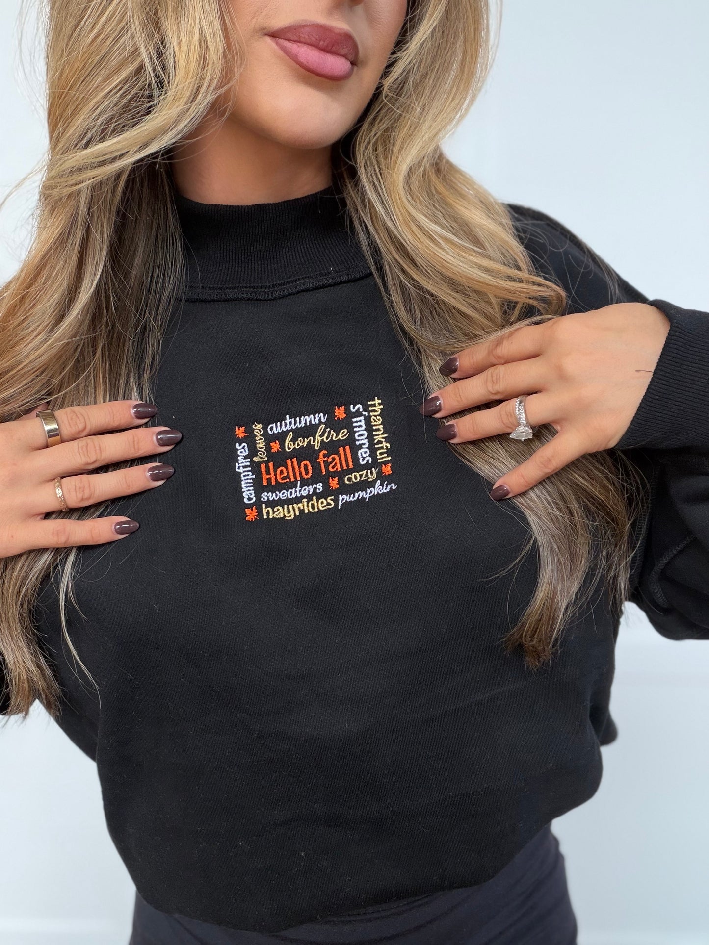 Hello Fall Embroidered Tilly Black Reversible Oversized Mockneck Crew