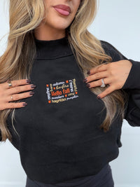 Hello Fall Embroidered Tilly Black Reversible Oversized Mockneck Crew