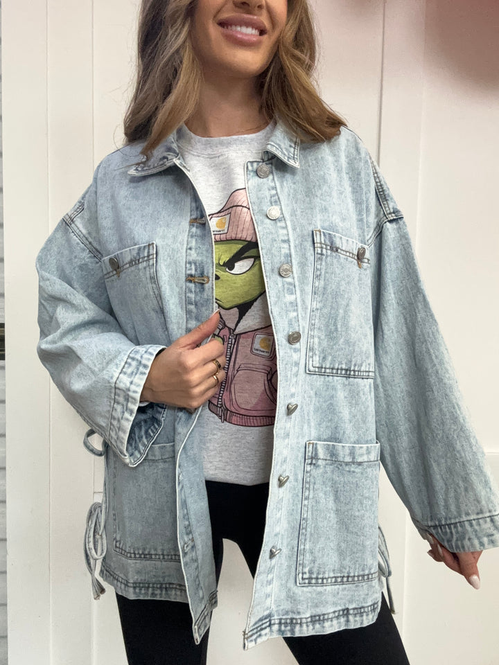 Boho Breeze Side Tie Oversized Denim Jacket