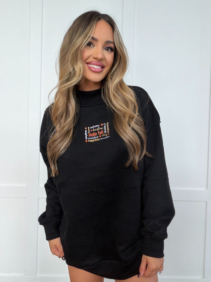 Hello Fall Embroidered Tilly Black Reversible Oversized Mockneck Crew