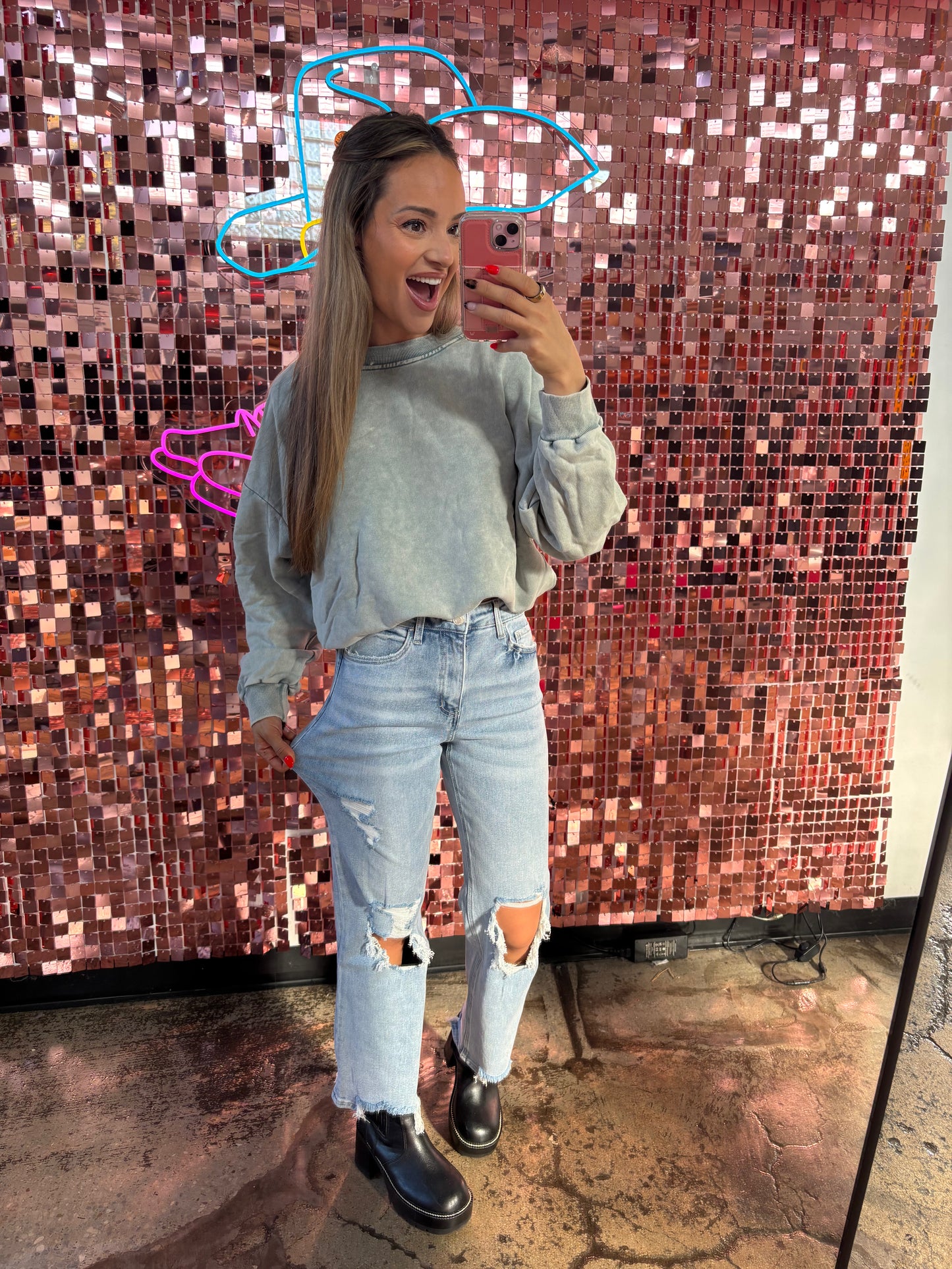 Shop Celebration 90's Super High Rise Distressed Dad Jeans online at Willow Boutique – best boutique for women’s fashion.