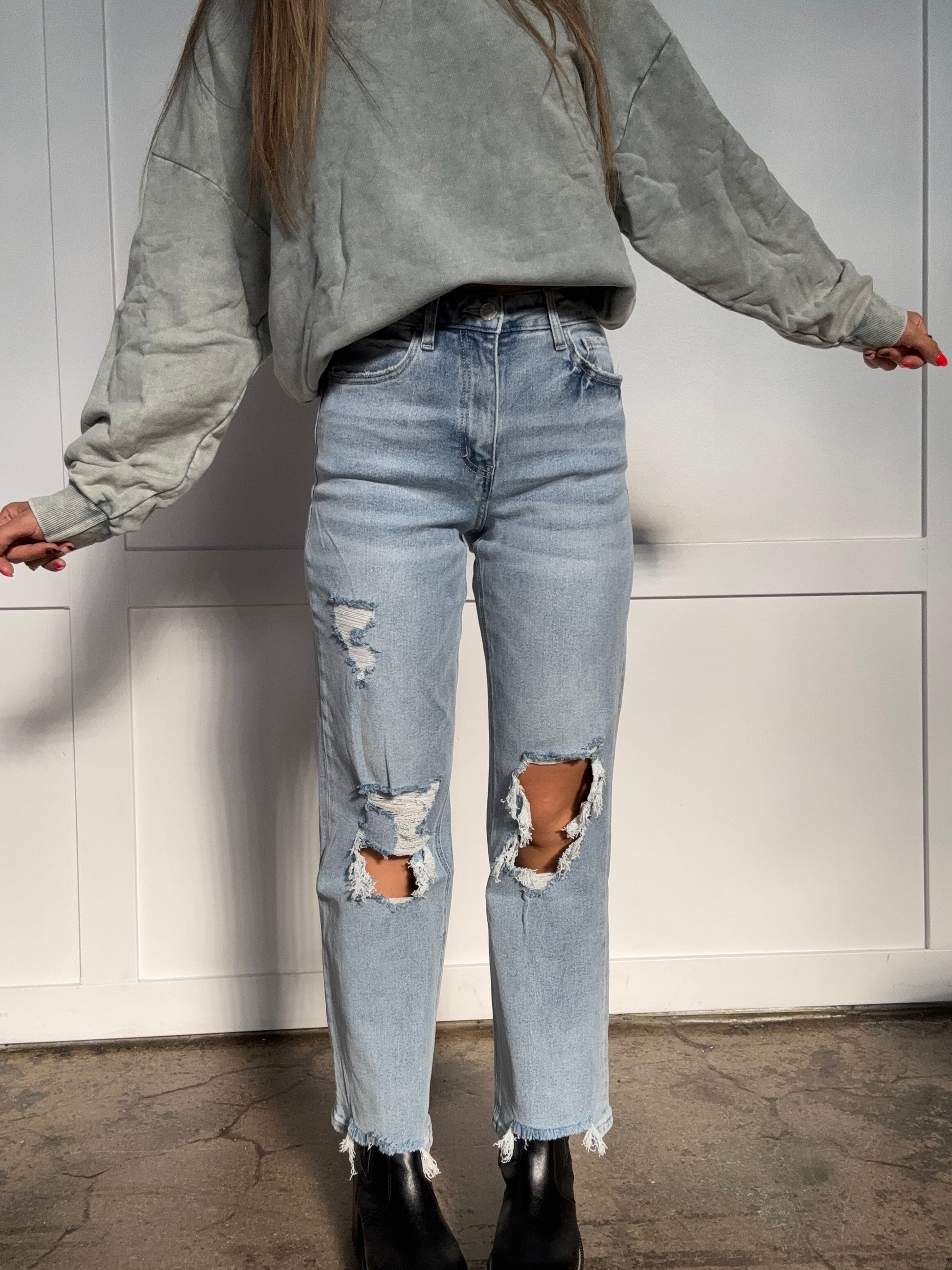 Shop Celebration 90's Super High Rise Distressed Dad Jeans online at Willow Boutique – best boutique for women’s fashion.