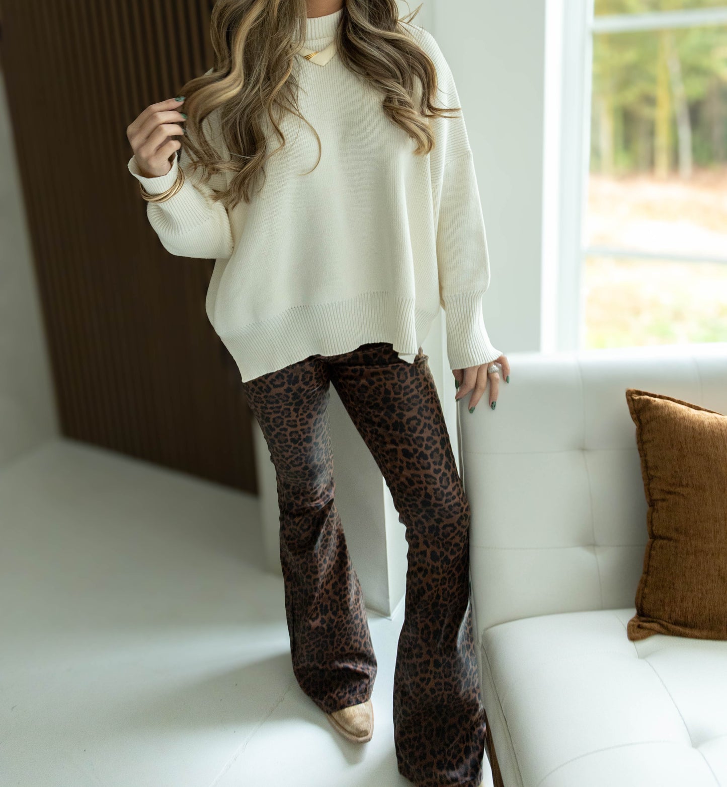 Fiona High Waisted Bell Bottom Flare Jeans - Brown Leopard