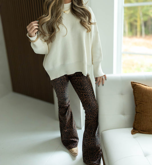 Fiona High Waisted Bell Bottom Flare Jeans - Brown Leopard