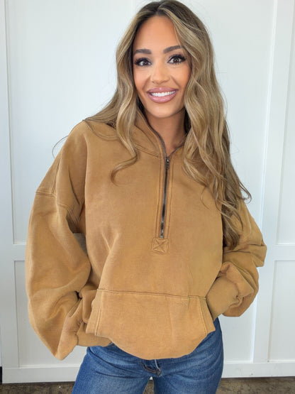 Jenna Half Zip Fleece Hoodie- Mocha