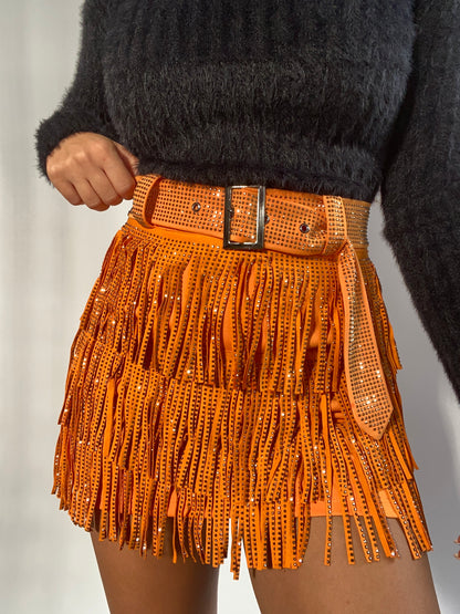 Nashville Babe Rhinestone Fringe Mini Skirt- Orange