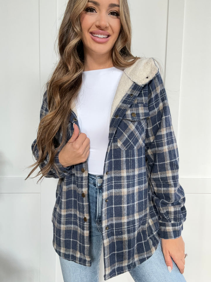 PREORDER: Cozy Goals Plaid Snap Down Hooded Jacket