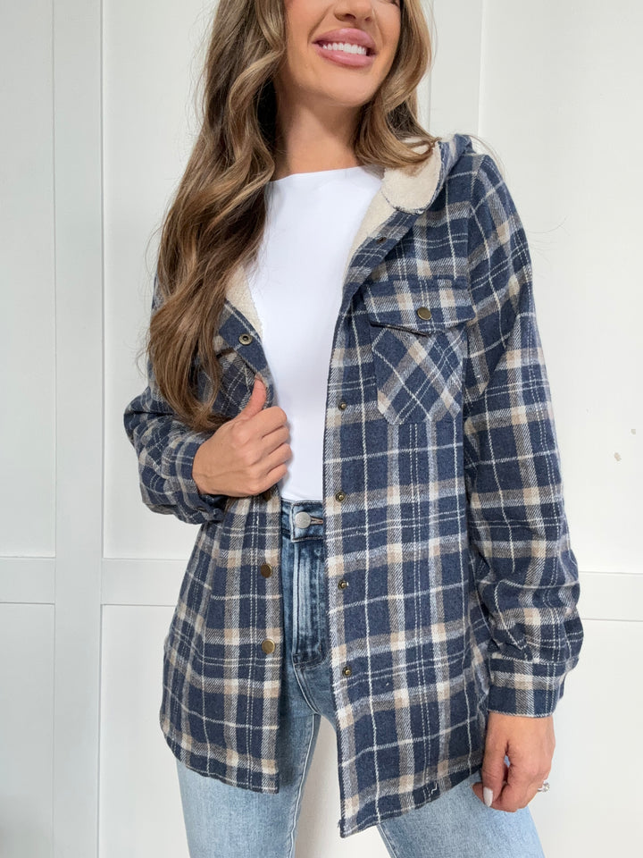 PREORDER: Cozy Goals Plaid Snap Down Hooded Jacket