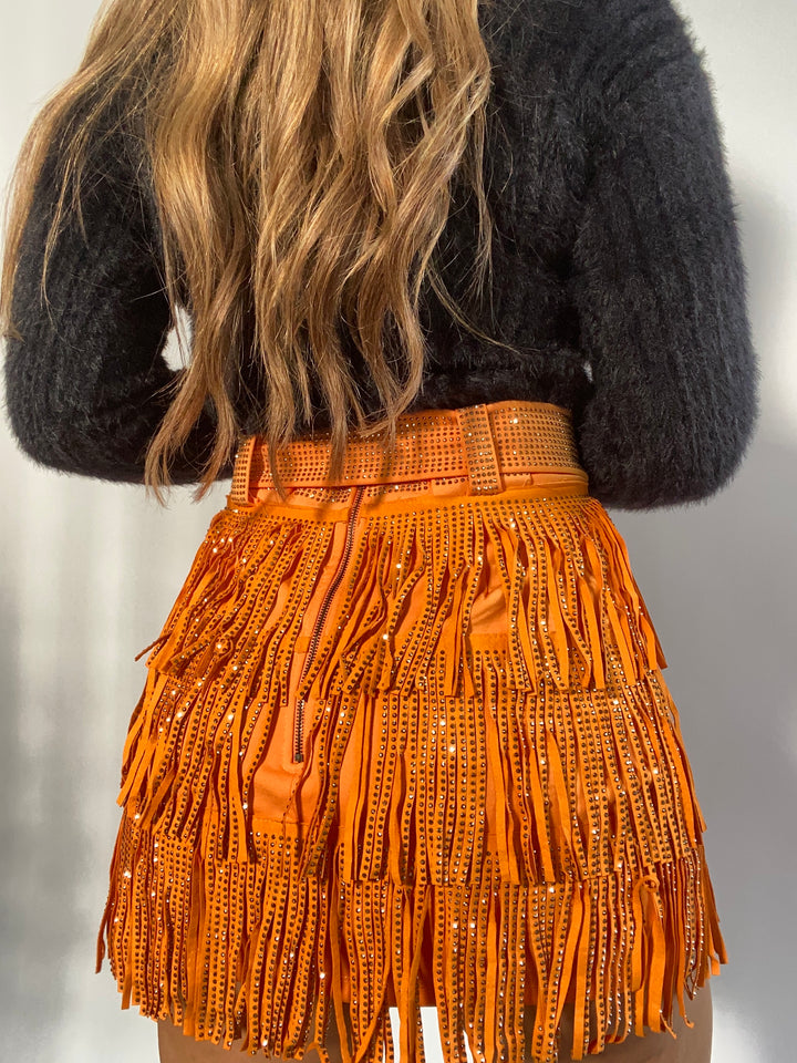 Nashville Babe Rhinestone Fringe Mini Skirt- Orange