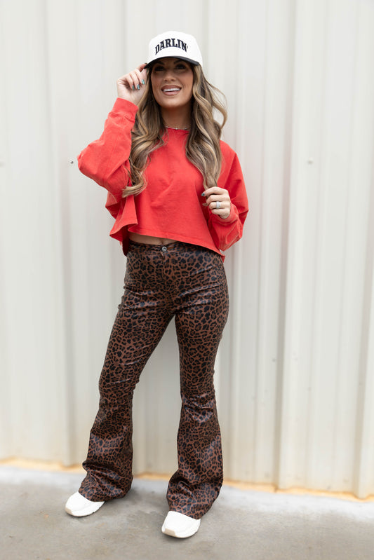 Fiona High Waisted Bell Bottom Flare Jeans - Brown Leopard
