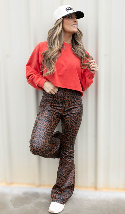 Fiona High Waisted Bell Bottom Flare Jeans - Brown Leopard