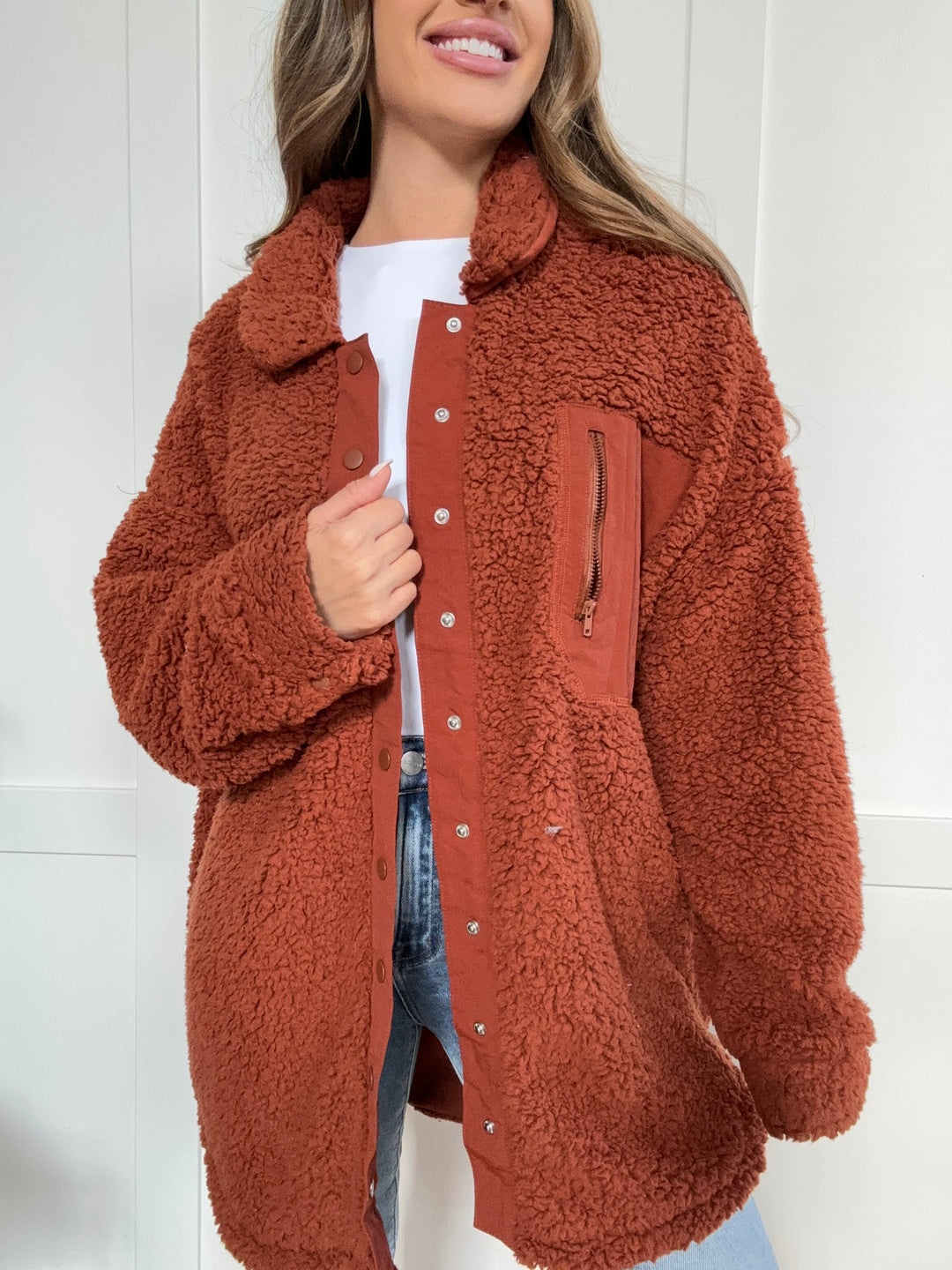 PREORDER: Cinnamon Spice Fuzzy Snap Down Dropped Shoulder Jacket