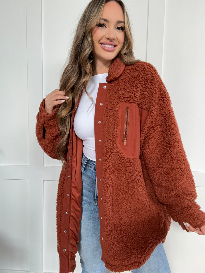 PREORDER: Cinnamon Spice Fuzzy Snap Down Dropped Shoulder Jacket