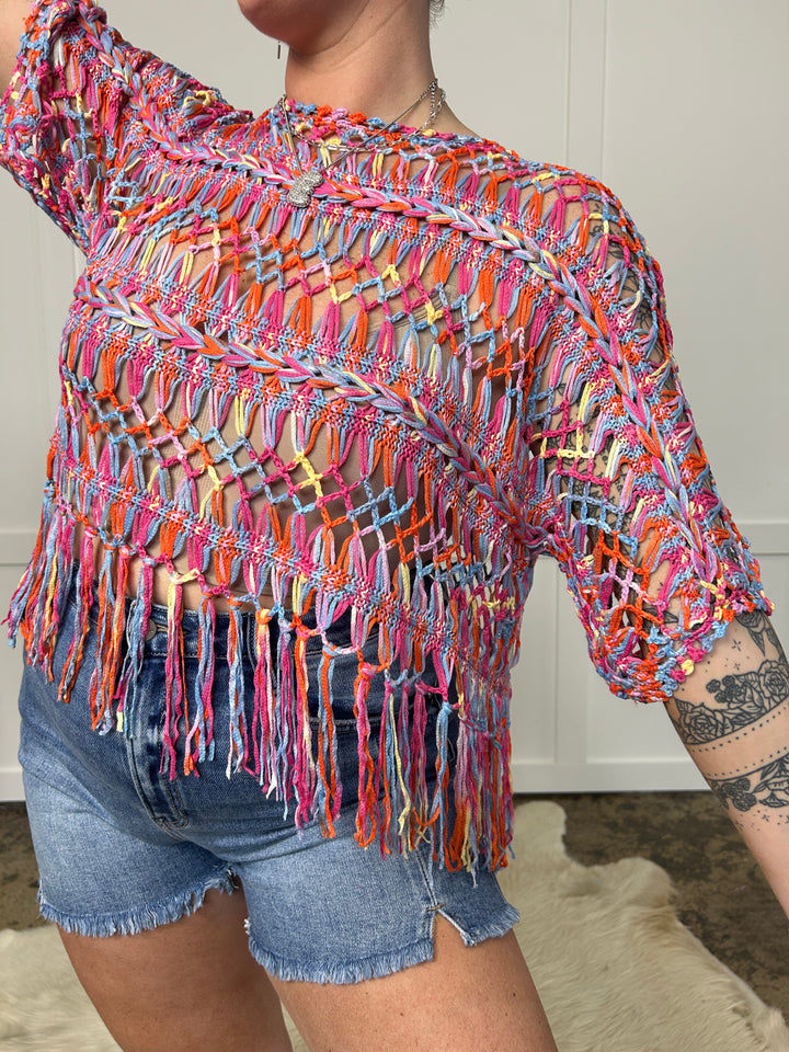 Brighter Days Ahead Fringed Knit Poncho