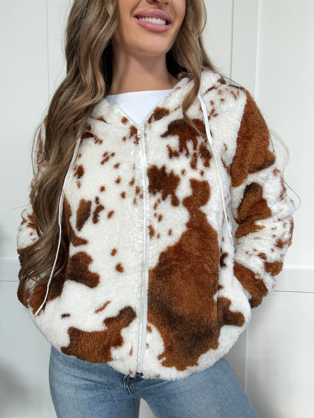 PREORDER: Cuddly Cow Fuzzy Drawstring Zip Up Hooded Jacket