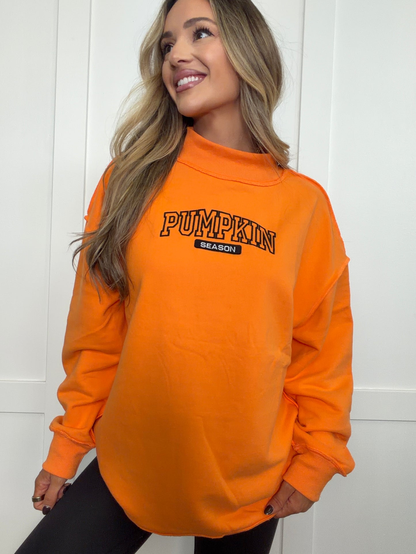 Pumpkin Season Embroidered Tilly Orange Reversible Oversized Mockneck Crew