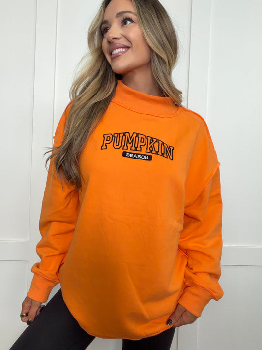 Pumpkin Season Embroidered Tilly Orange Reversible Oversized Mockneck Crew