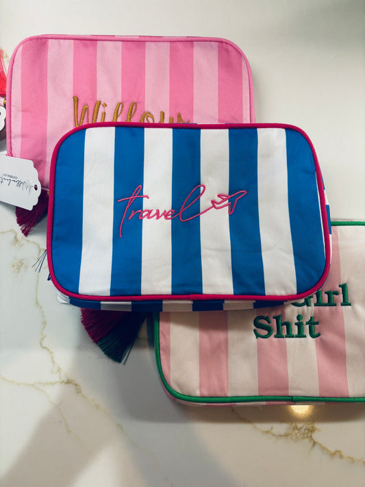 "Travel" Embroidered Nylon Makeup Bag