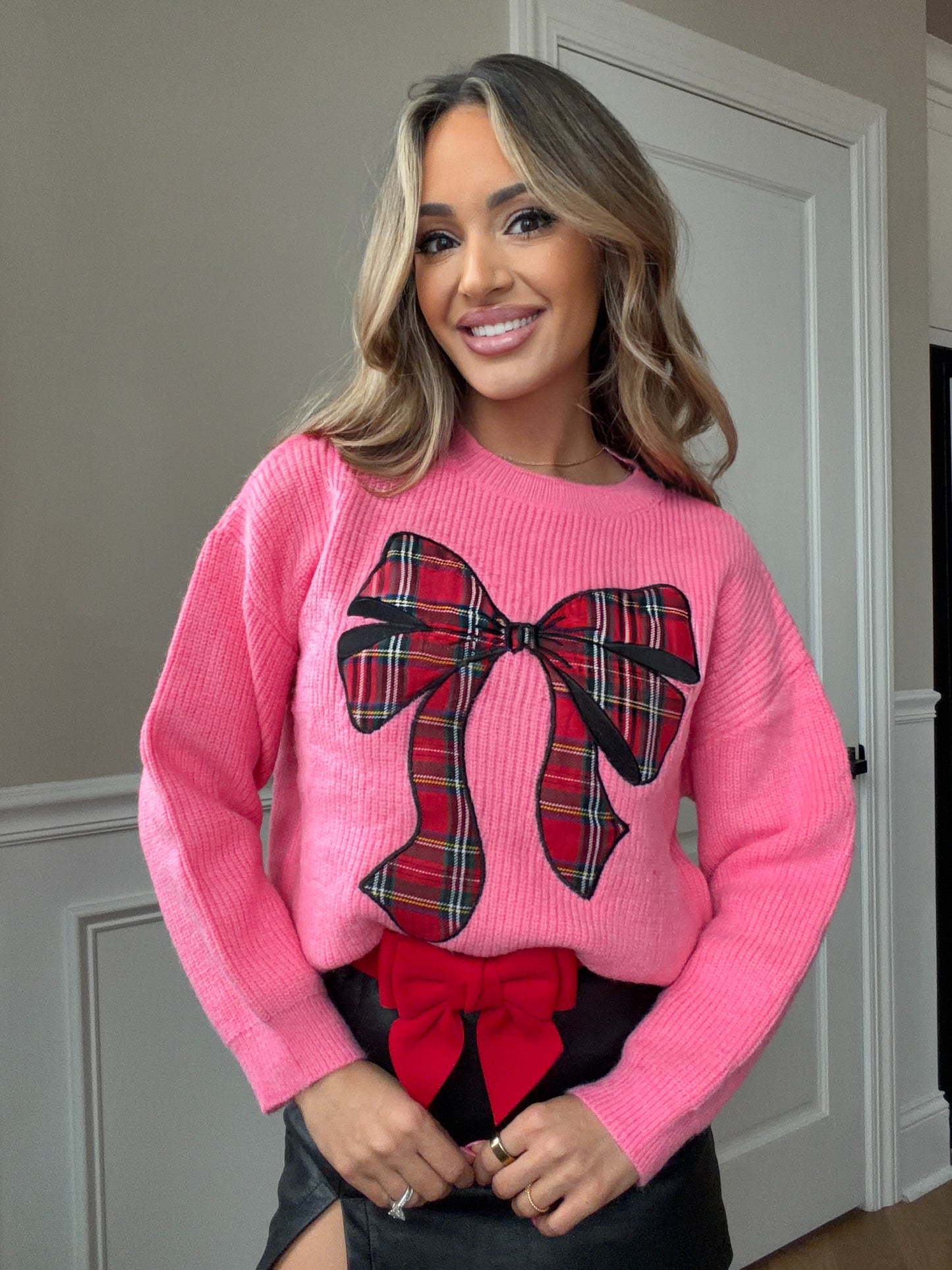 Holiday Bow Plaid Christmas Sweater