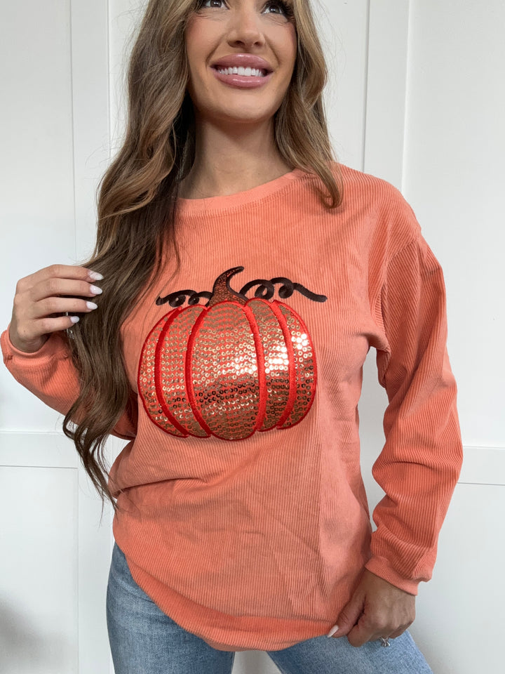 PREORDER: Trick Or Treat Sequin Pumpkin Round Neck Long Sleeve Sweatshirt