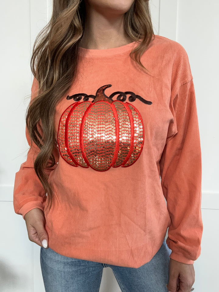 PREORDER: Trick Or Treat Sequin Pumpkin Round Neck Long Sleeve Sweatshirt