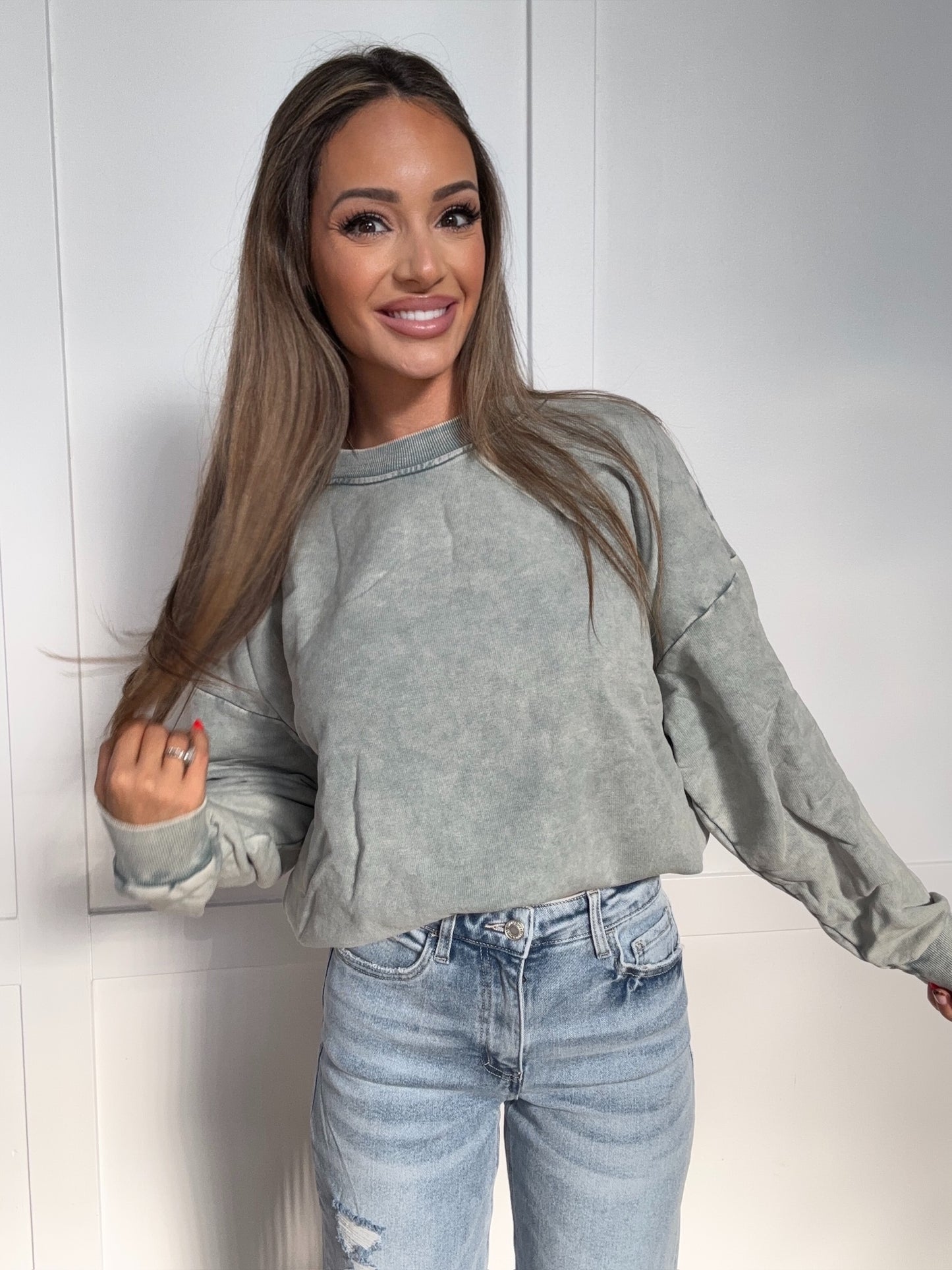 Shop Tasha Washed Oversized Pullover - Sage online at Willow Boutique – best boutique for women’s fashion.