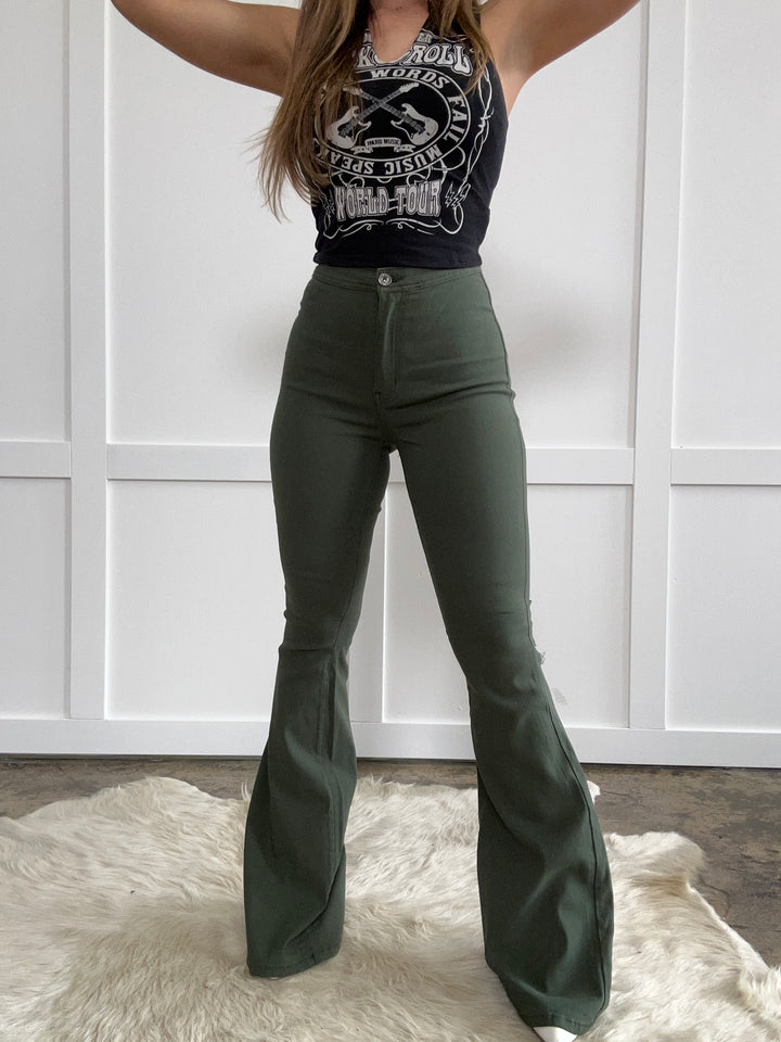 Fiona High Waisted Bell Bottom Flare Jeans - Olive