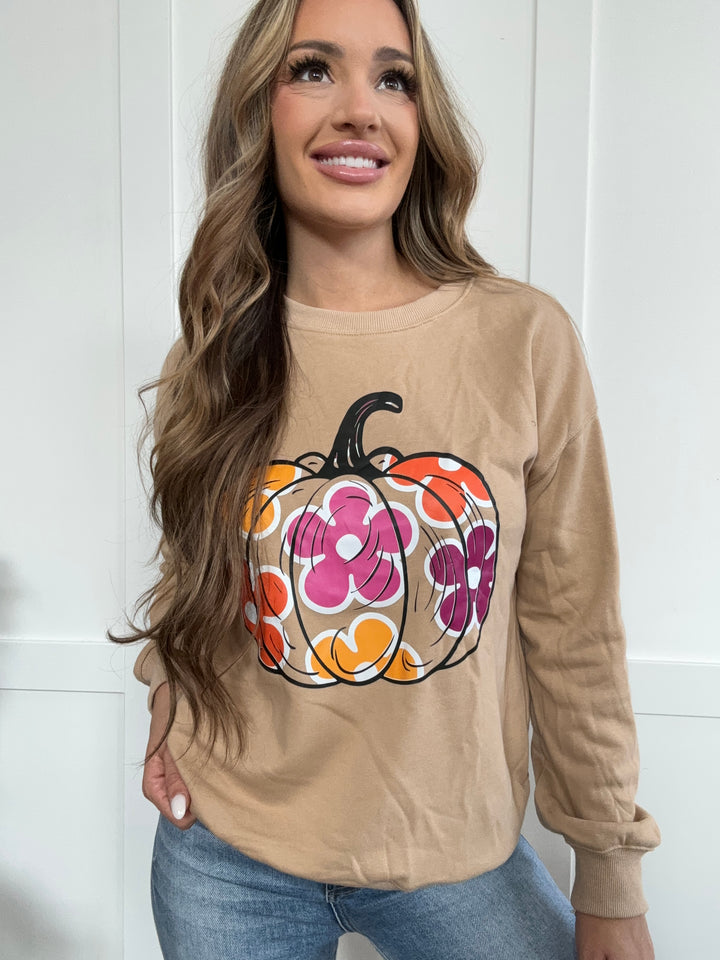 PREORDER: Spring Meets Fall Pumpkin & Flower Graphic Long Sleeve Sweatshirt